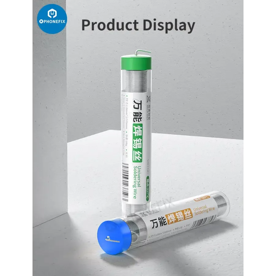 Qianli MEGA-IDEA 0.8mm universal soldering wire for battery repair, PHONEFIX brand, shown coiled for electronic soldering tasks.