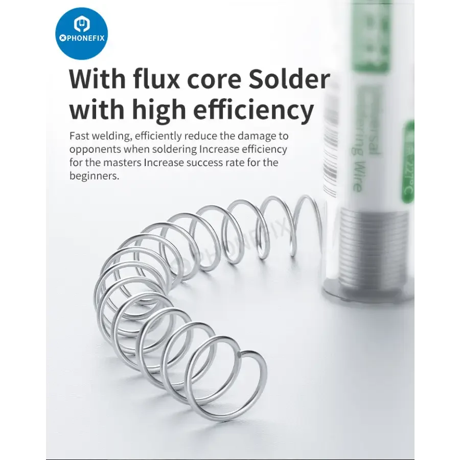 Qianli MEGA-IDEA 0.8mm universal soldering wire for battery repair, shown coiled, compatible with PhoneFix soldering tools.