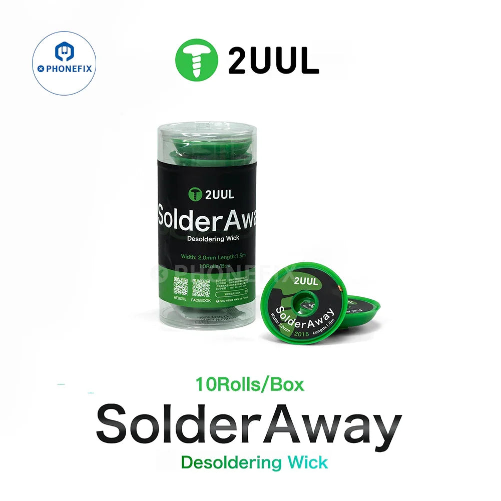PHONEFIX 2UUL CY2015 Mèche à dessouder Mobi Solder Away pour la réparation de circuits imprimés, montrant le fil de soudure enroulé sur sa bobine.