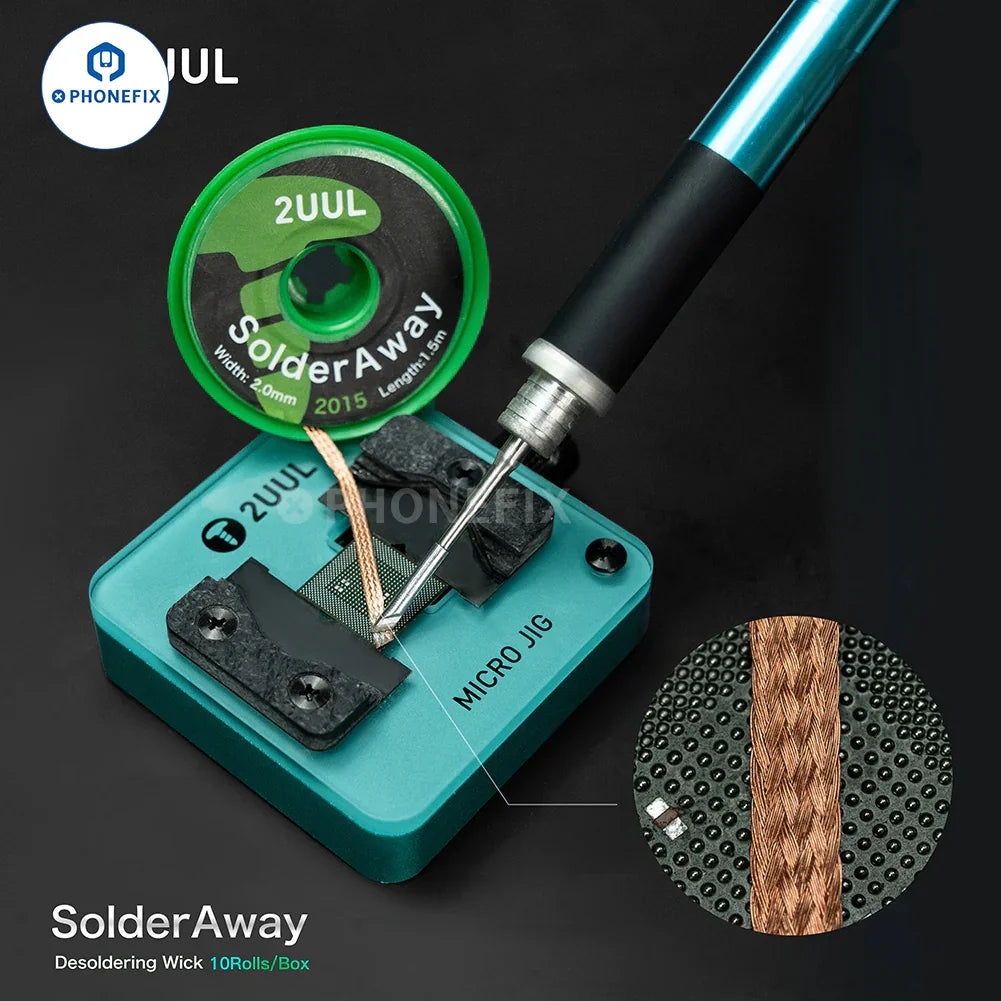 Mèche à dessouder PhoneFix 2UUL CY2015 Mobi Solder Away pour la réparation de circuits imprimés, montrant un fil de soudure enroulé sur un fond blanc.