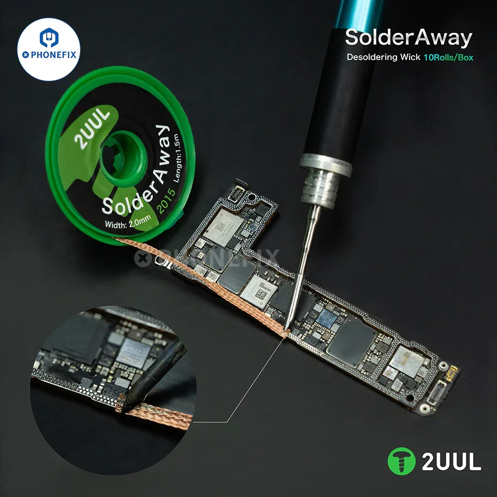 Tresse à dessouder PhoneFix 2UUL CY2015 Mobi Solder Away pour la réparation de circuits imprimés, montrant les brins de fil de cuivre pour retirer la soudure.