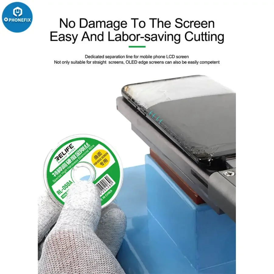 PhoneFix RELIFE RL-059A 0.03mm ultrafine cutting solder wire for edge screen separation, 100m length, for precise device repairs.