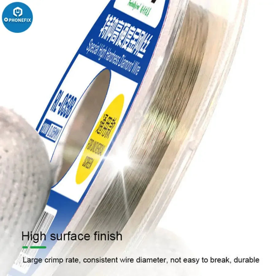 Phonefix RELIFE RL-059A ultrafine 0.03mm solder wire for edge screen separation, shown in a spool with detailed labeling.