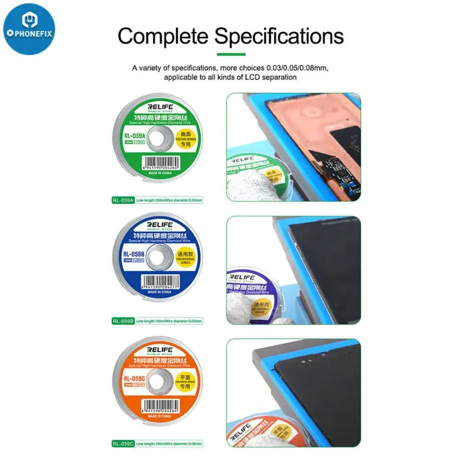 RELIFE RL-059A ultrafine solder wire for edge screen separation, 0.03mm thickness, 100m length, designed for precise screen repairs.