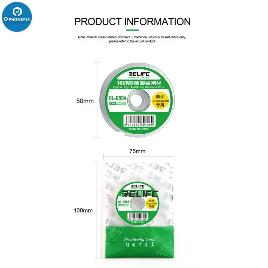 RELIFE RL-059A ultrafine 0.03mm solder wire for edge screen separation, 100m length, by PHONEFIX, used for precise electronic repairs.