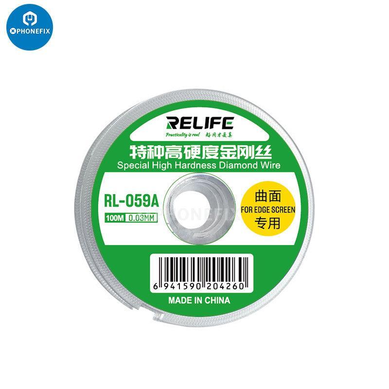 Relife RL-059A ultrafine 0.03mm solder wire for edge screen separation, 100m length, used for delicate electronic repairs.