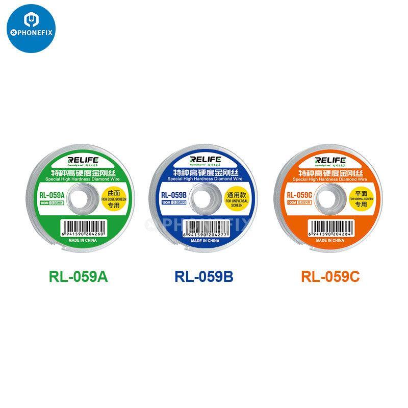 RELIFE RL-059A ultrafine solder wire for edge screen separation, 0.03mm thickness, 100m length, ideal for phone repair.