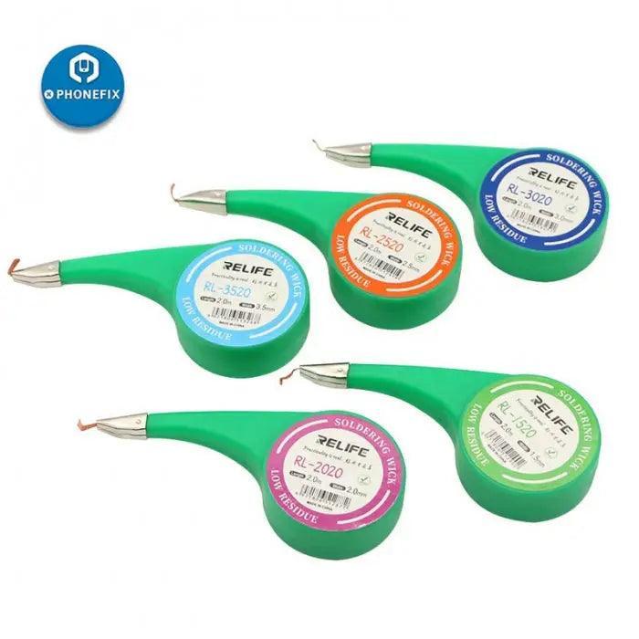 Relife No-Clean Desoldering Wick for soldering and solder removal, shown as a spool of solder wire with packaging from PHONEFIX.