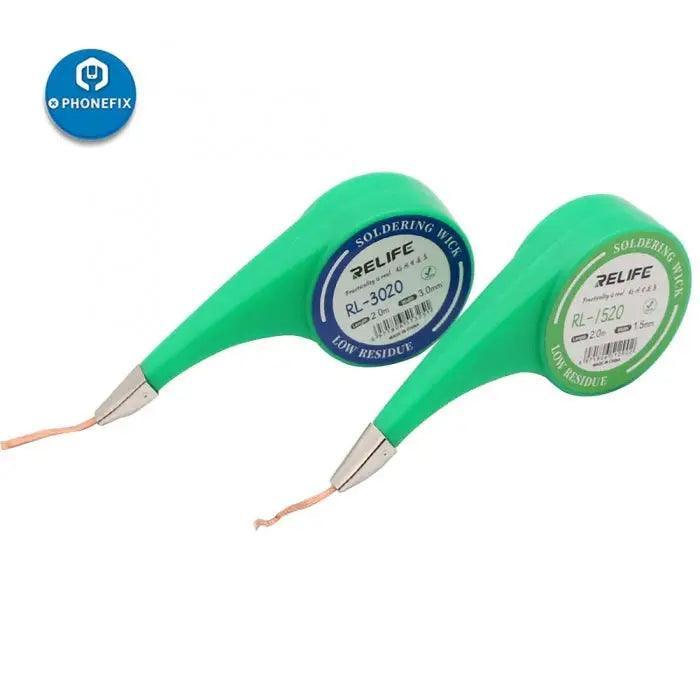 Relife No-Clean Desoldering Wick for soldering, a thin copper solder wire used with the PHONEFIX solder removal tool.