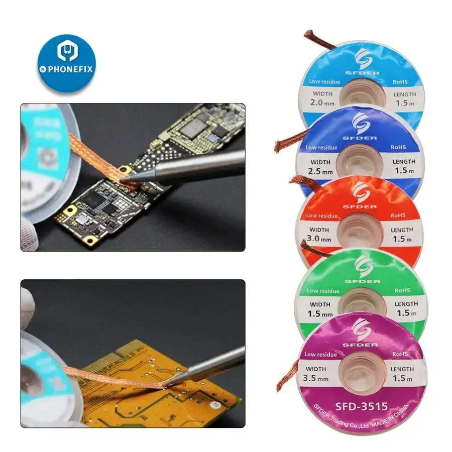 PhoneFix Flux Desoldering Braid solder remover made of pure copper, 2mm width, for effective solder absorption and removal.