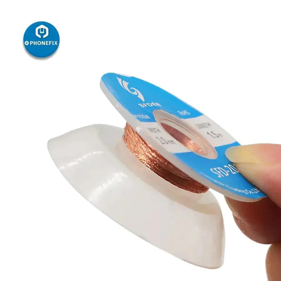 PhoneFix flux desoldering braid solder remover made of pure copper, 2mm solder wire for effective absorption and cleaning.