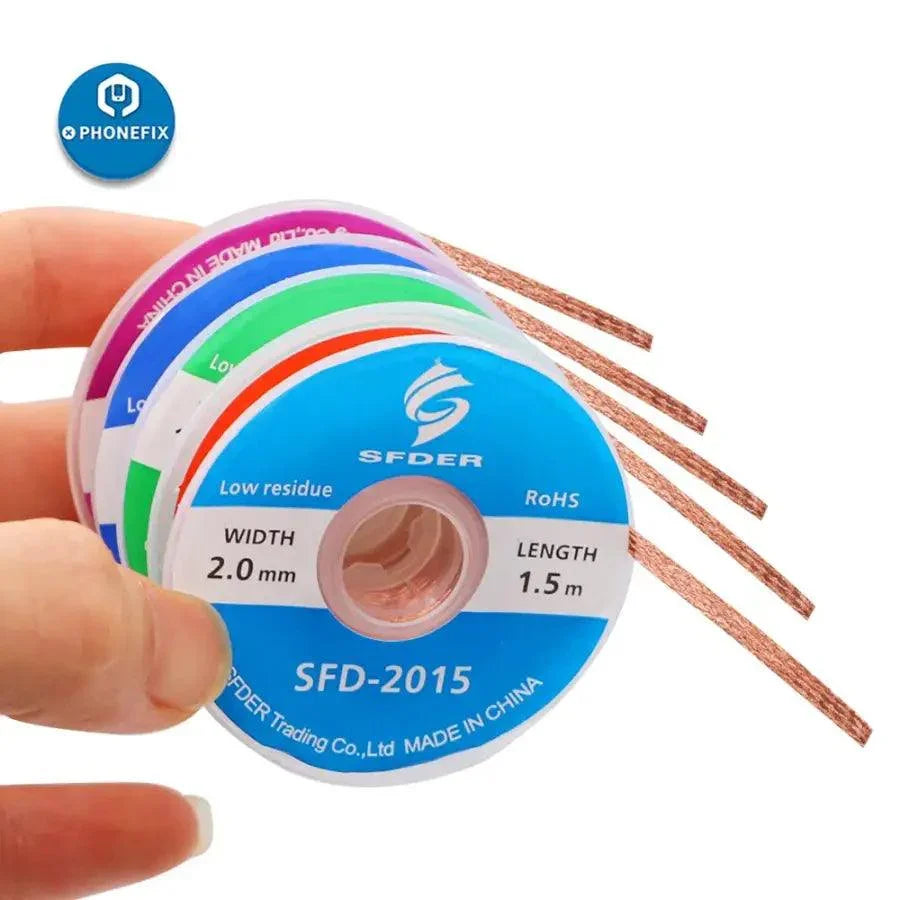 PhoneFix flux desoldering braid with pure copper absorption wire, 2mm solder remover for electronics repair and soldering tasks.