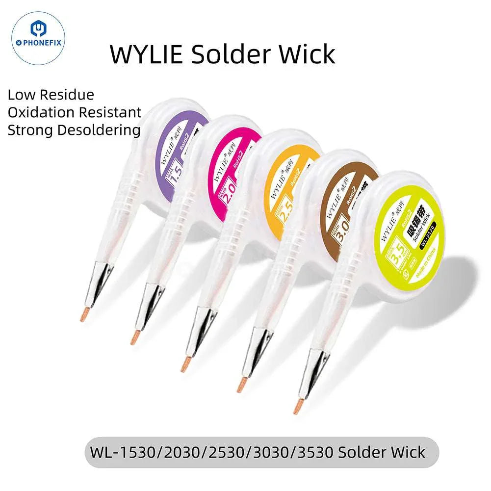 Wylie Desoldering Wick solder wire dispenser in 1.5mm to 3.5mm, used for removing solder from electronic components.