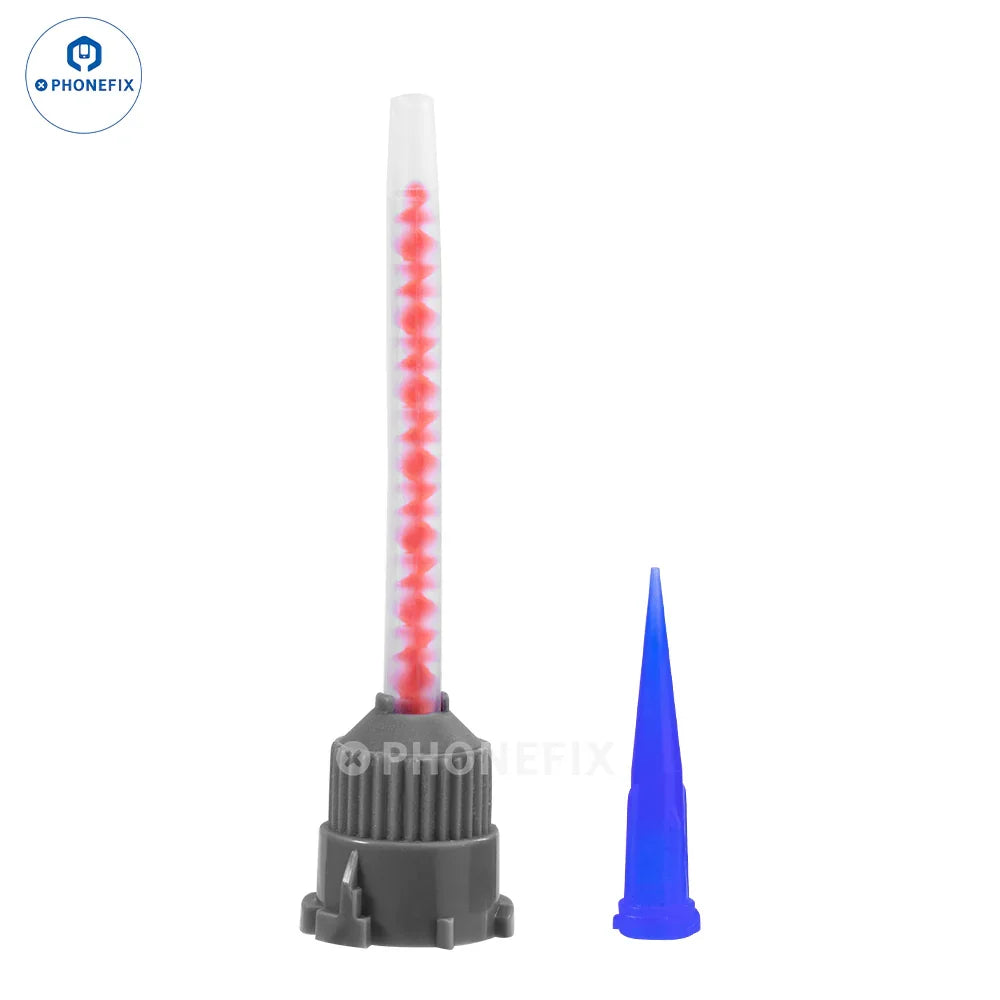 Aiguille doseuse iFixes pour tube de colle AB, destinée au dosage de consommables de soudure, présentée ici fixée au tube de colle.
