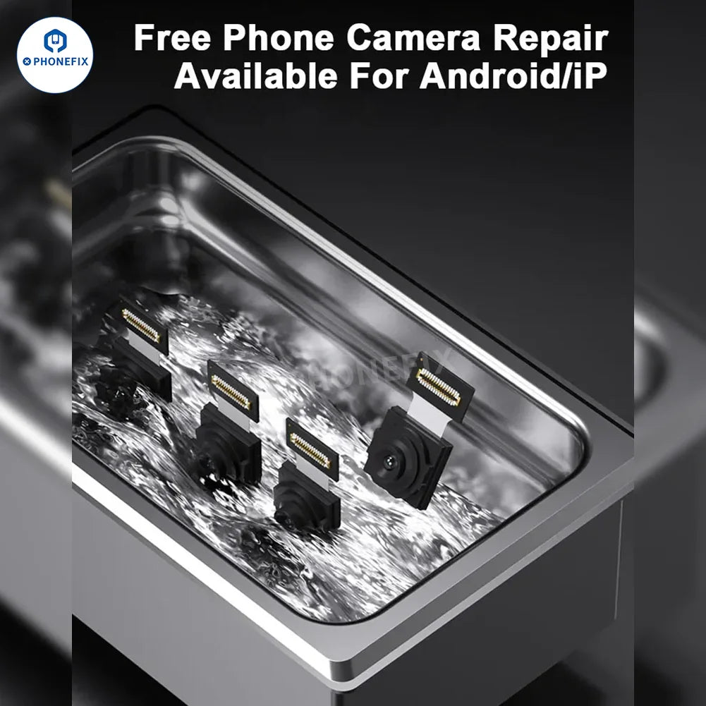 PhoneFIX soldering consumables phone camera cleaner removing watermarks and black spots from camera lenses in an image.