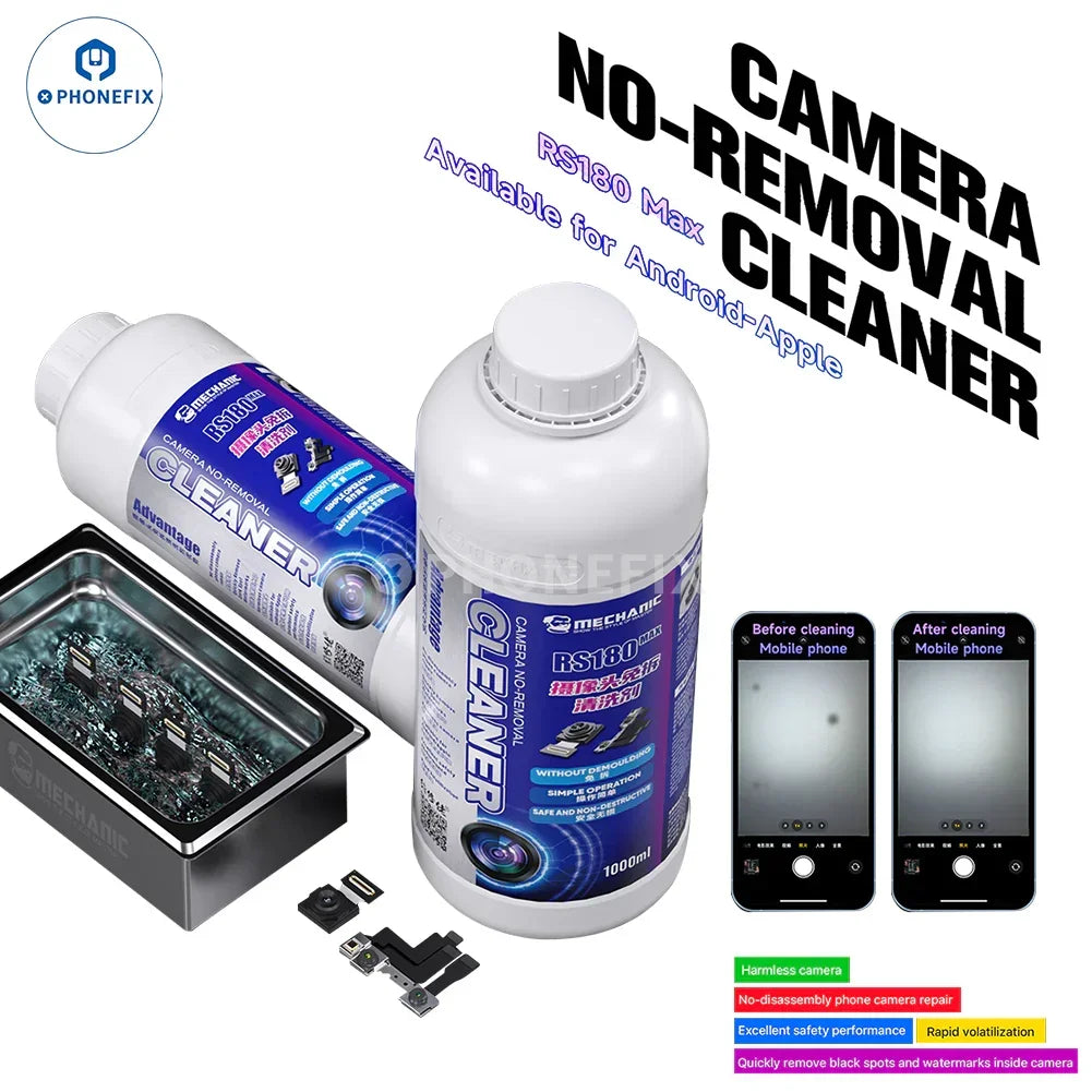 PHONEFIX phone camera cleaner for soldering, removes watermarks and black spots from smartphone camera lenses.