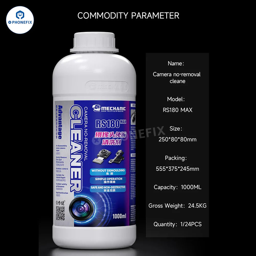 PhoneFIX soldering consumables for phone camera cleaning, showing a non-removal cleaner for watermarks and black spots on camera lenses.