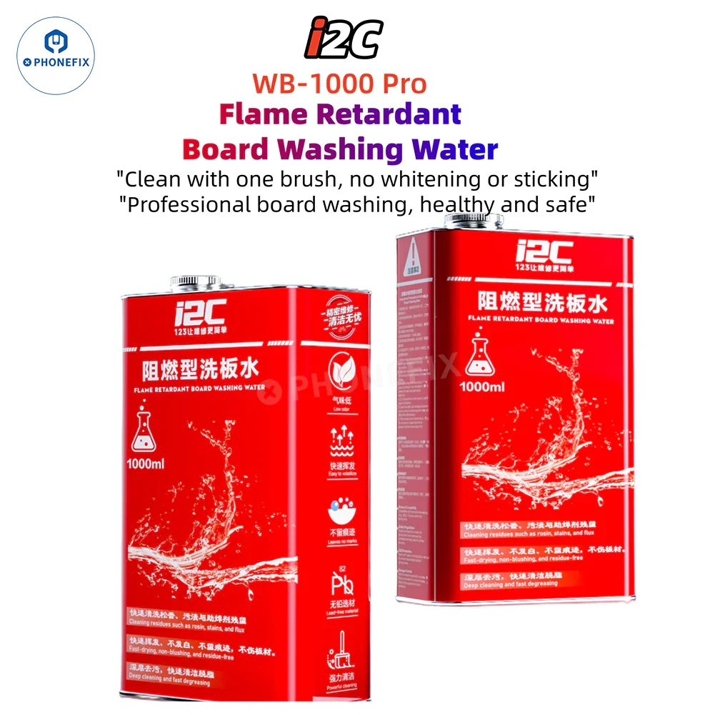 PhoneFix WB-1000 Pro motherboard cleaning water for PCB washing, soldering consumables, shown in a clear container with liquid.