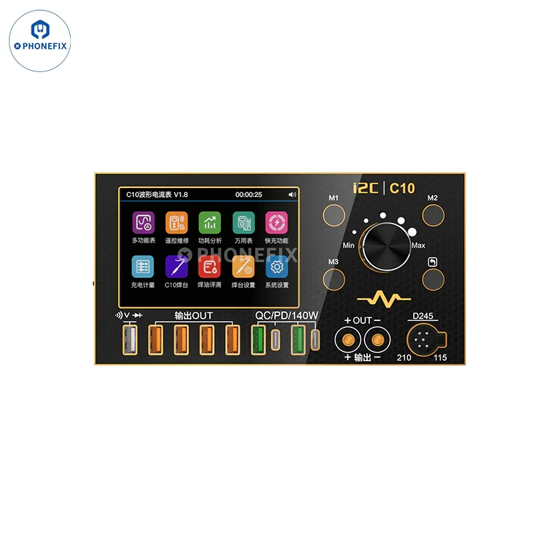 Poignée de soudage PhoneFix D115/D210/D245 pour ampèremètre i2C C10, montrant la poignée ergonomique noire avec ports de connexion.