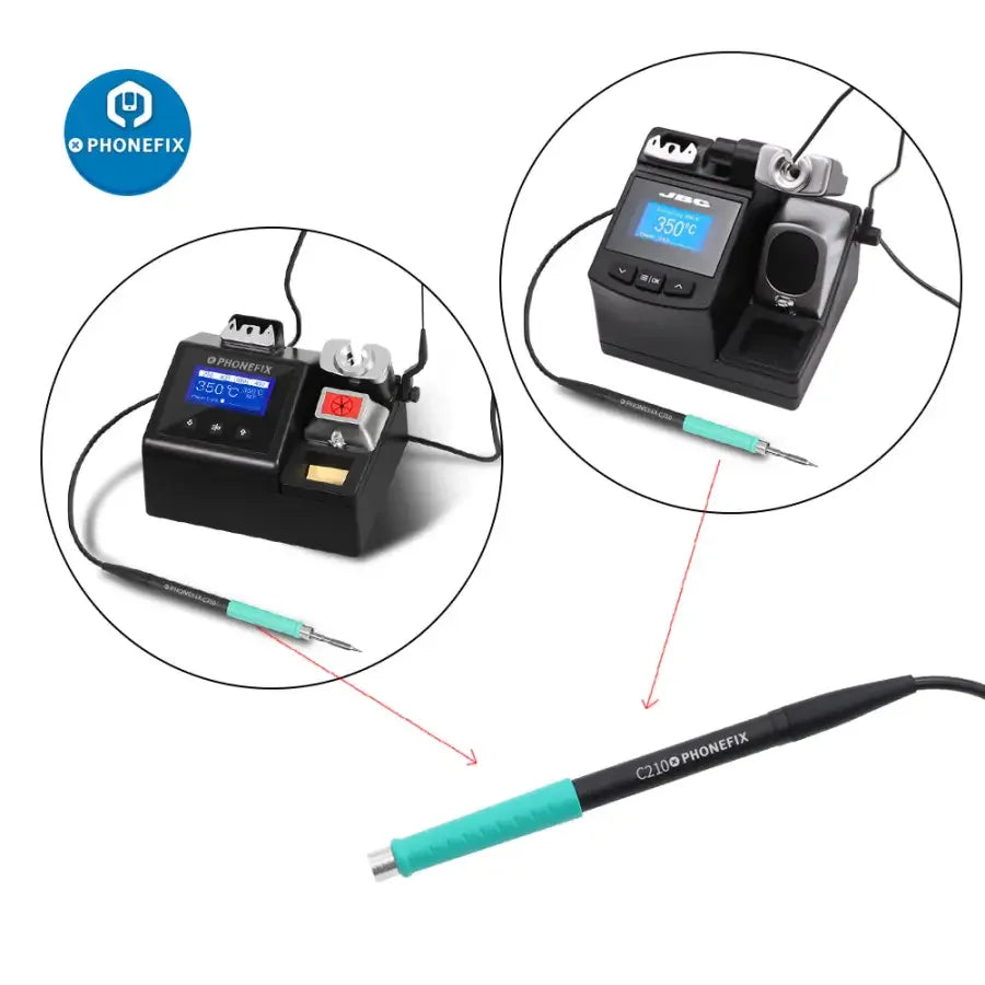 JBC CD-2SD soldering station handle with T245 T210 NT115 for precise soldering tasks, branded by PHONEFIX.