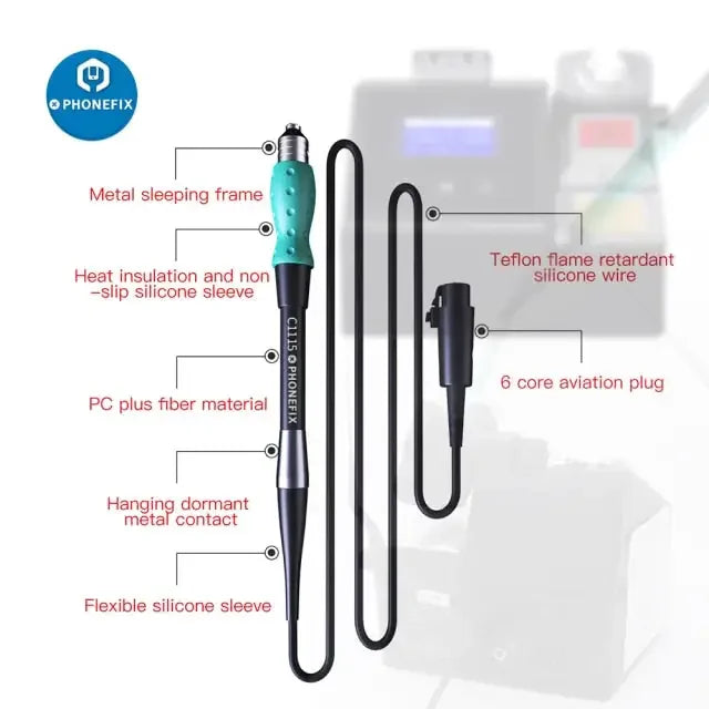 JBC CD-2SD soldering station handle T245 T210 NT115 for JBC soldering tools, branded PHONEFIX, shown in black and ergonomic design.