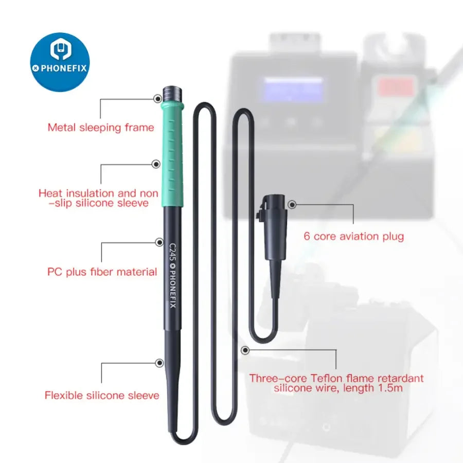 Phonefix T245 T210 NT115 soldering handle for JBC CD-2SD and 2SHE soldering stations, with ergonomic grip and electronic controls.