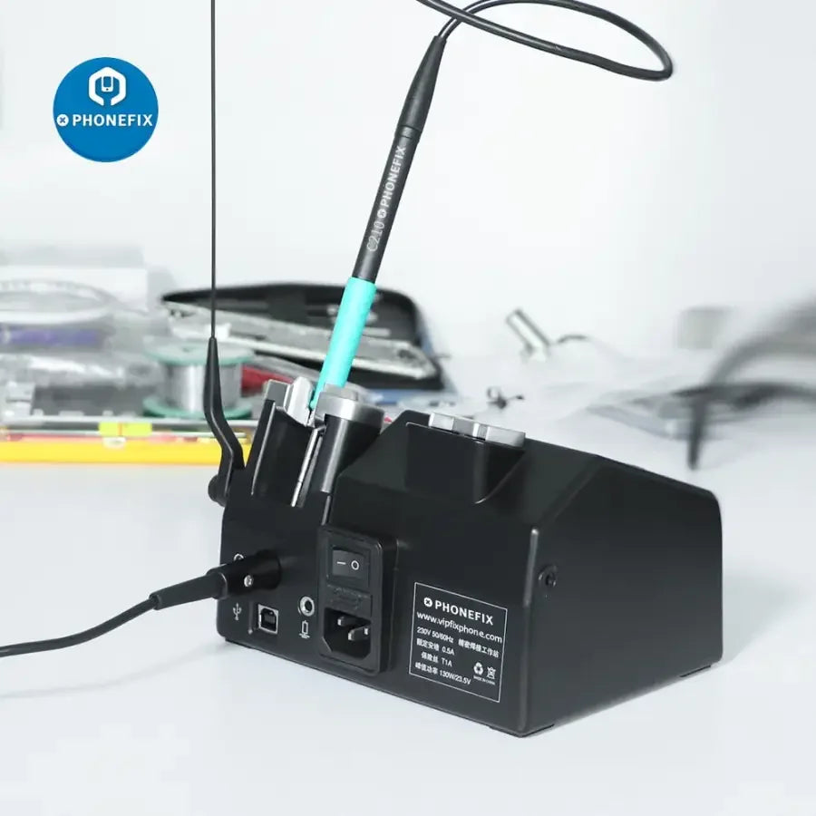 PhoneFix T245 T210 NT115 soldering handle for JBC CD-2SD 2SHE i2C soldering station, with ergonomic grip and connection port.