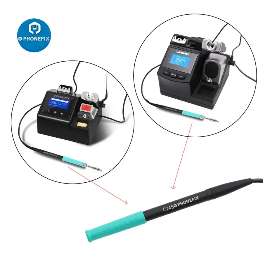 PhoneFix T245 T210 NT115 soldering handle for JBC CD-2SD 2SHE i2C soldering station, with ergonomic grip and control buttons.