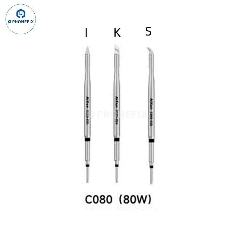 AiXun T225 soldering handle with four tips, compatible with PHONEFIX C250, C150, C080, and C030 soldering tips.