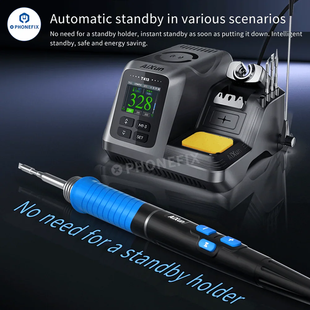 AiXun T225 soldering handle with four tips for PHONEFIX, featuring a 7-core design and compatible with C250, C150, C080, C030 tips.