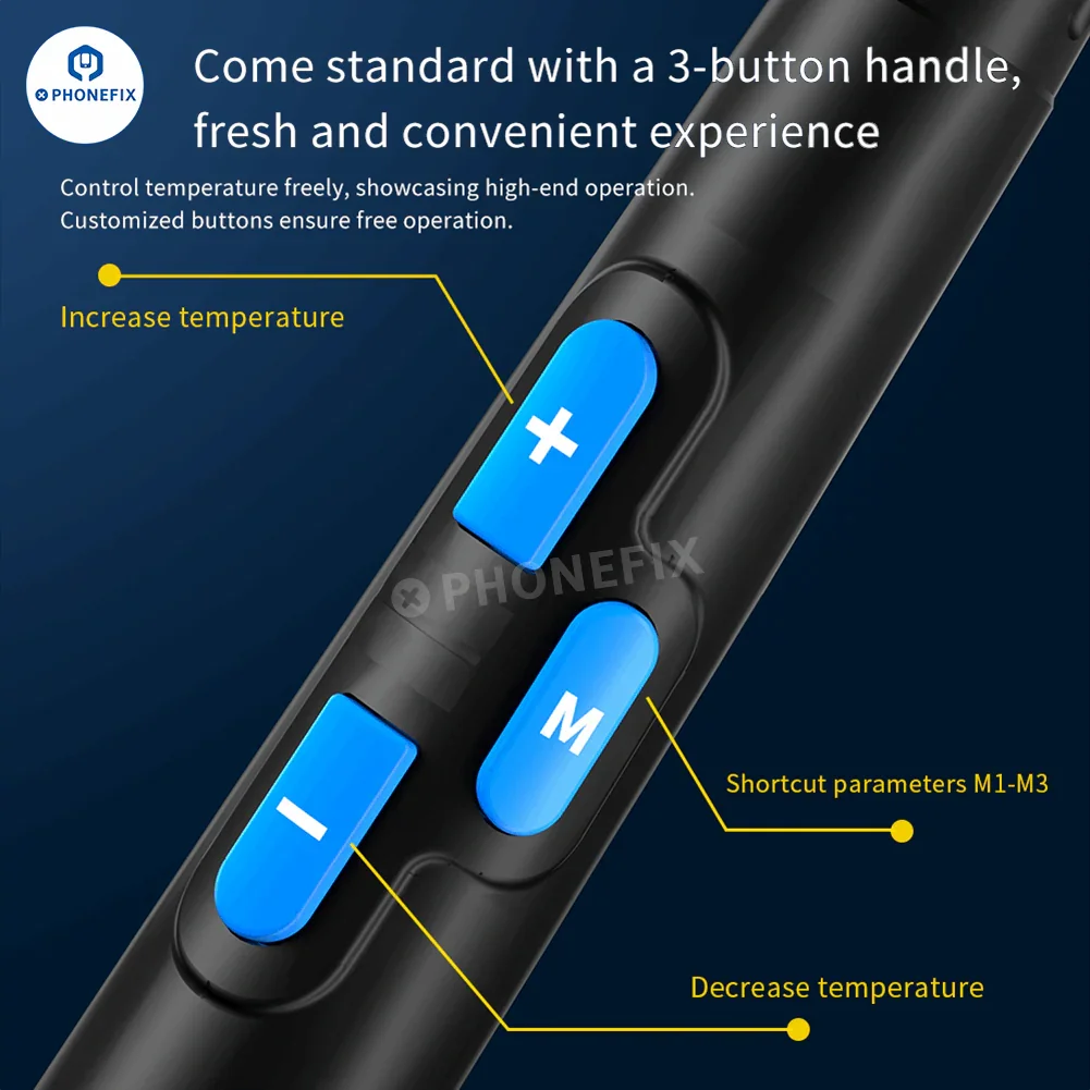 AiXun T225 soldering handle by PHONEFIX with four tips: C250, C150, C080, and C030, featuring a 7-core design and ergonomic grip.
