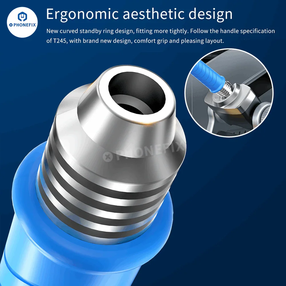 AiXun T225 soldering handle by PHONEFIX with four interchangeable tips including C250, C150, C080, and C030 for precise soldering.
