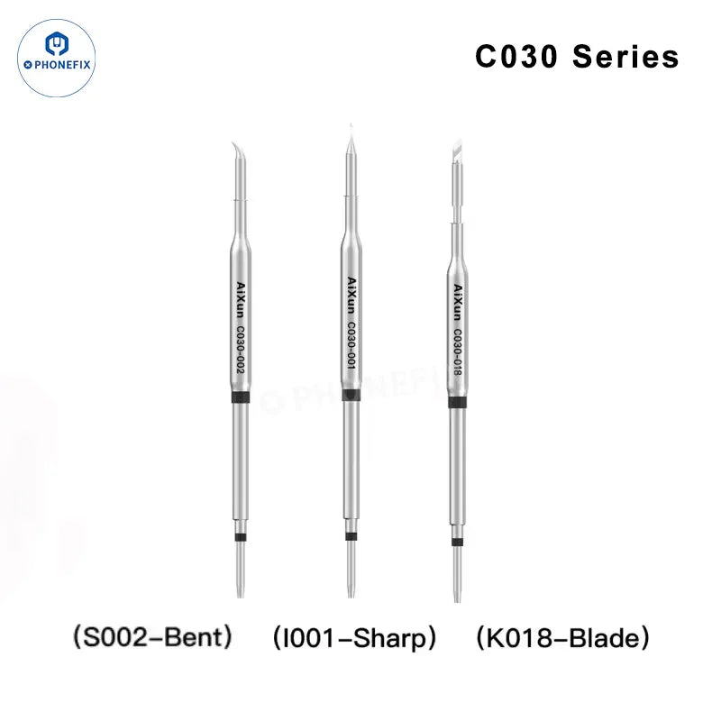 AiXun T225 soldering handle with four tips, compatible with PHONEFIX C250, C150, C080, and C030 soldering tips.