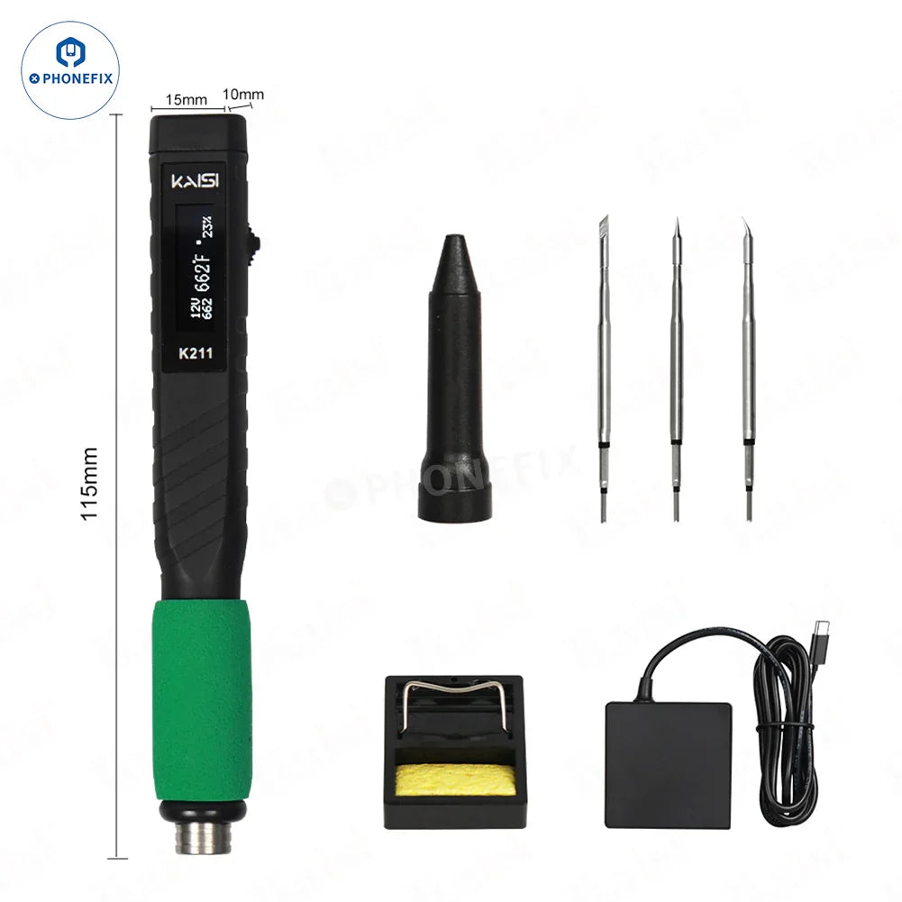 PhoneFix Kaisi K211 portable USB electric soldering iron with C210 tips, compact handheld soldering tool for electronics repair.