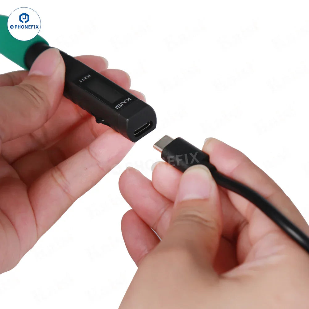 PHONEFIX Kaisi K211 portable USB electric soldering iron with C210 tips, shown with metal tip and compact design.