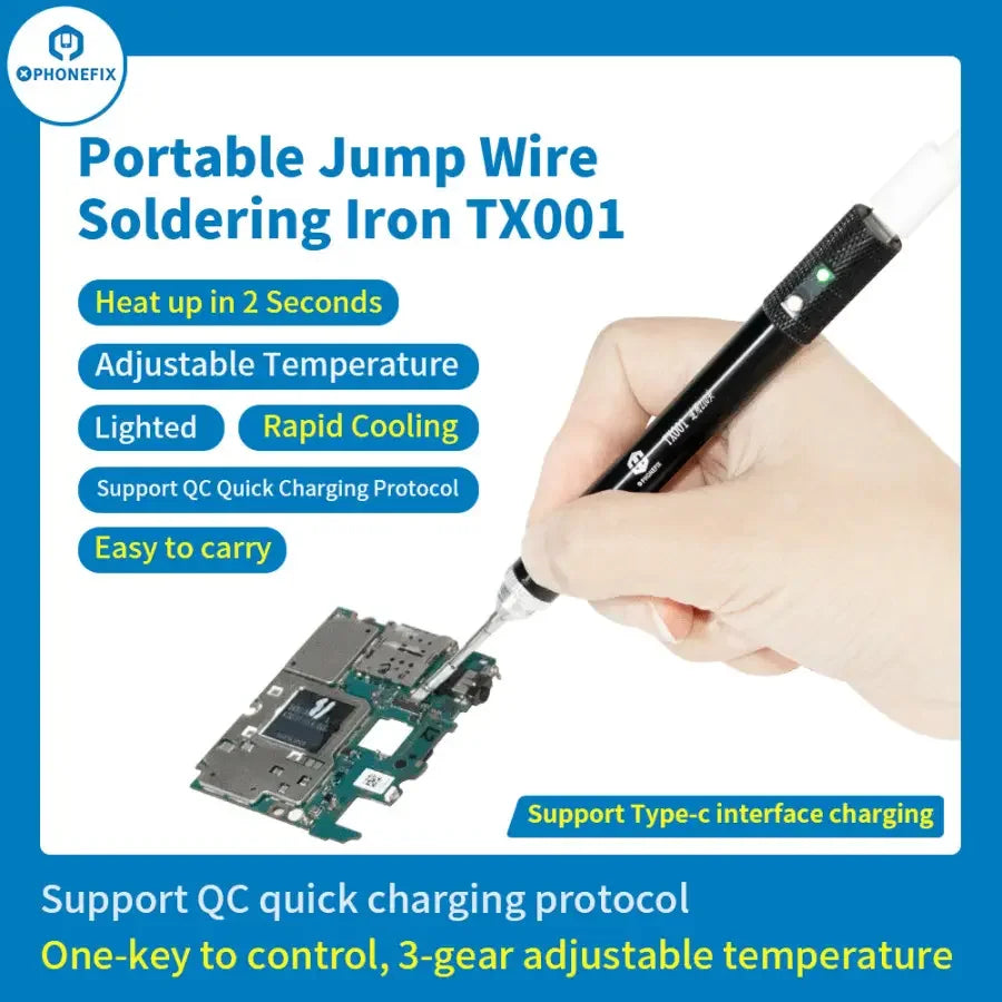 PHONEFIX TX001 portable soldering iron with jump wire and T210 tips, suitable for precise electronics soldering tasks.