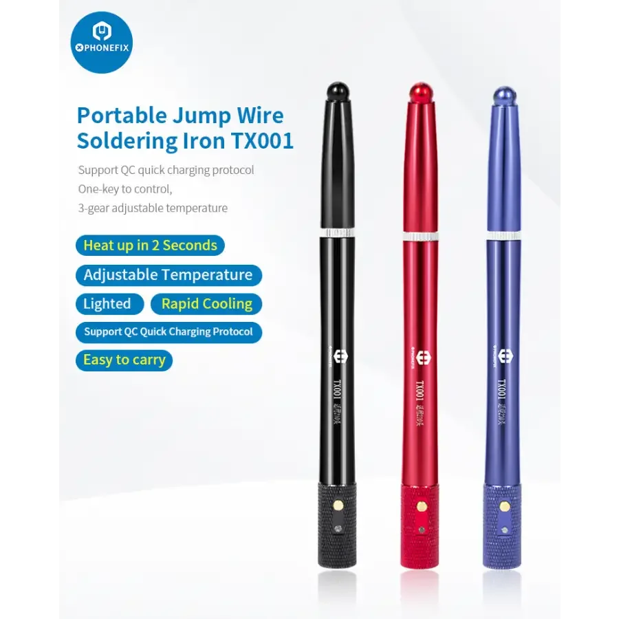 Portable TX001 PhoneFIX soldering iron with T210 tips, compact design for electronics welding and repair tasks.