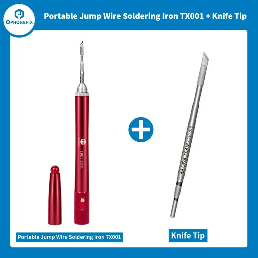PhoneFix TX001 portable jump wire soldering iron with T210 welding tip, compact handheld soldering iron for electronics repair.