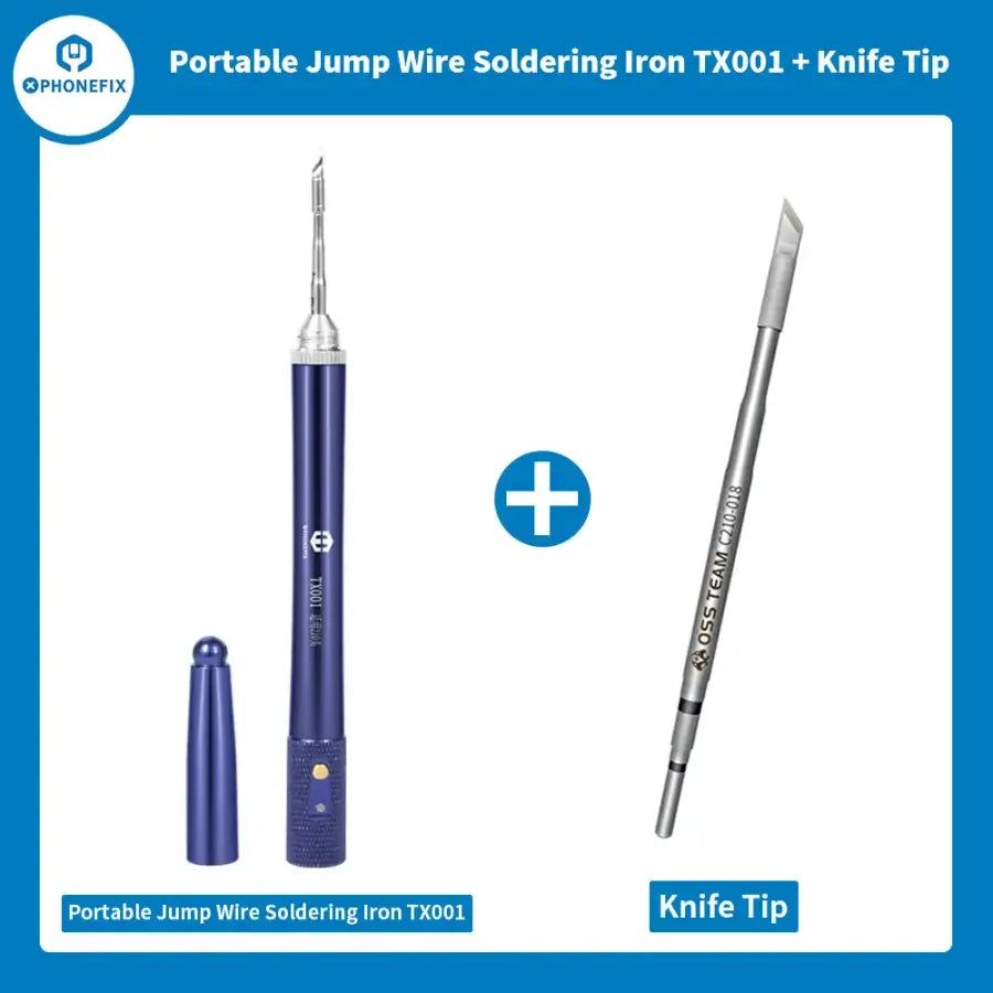 Portable TX001 PhoneFIX soldering iron with T210 tips for electronics repair, compact design, and precise welding capabilities.