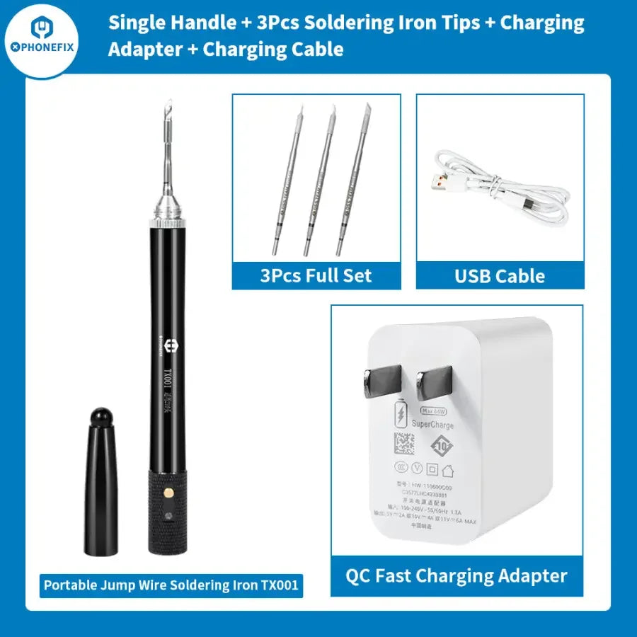 PHONEFIX TX001 portable soldering iron with T210 welding tips, compact design for electronics repair and soldering tasks