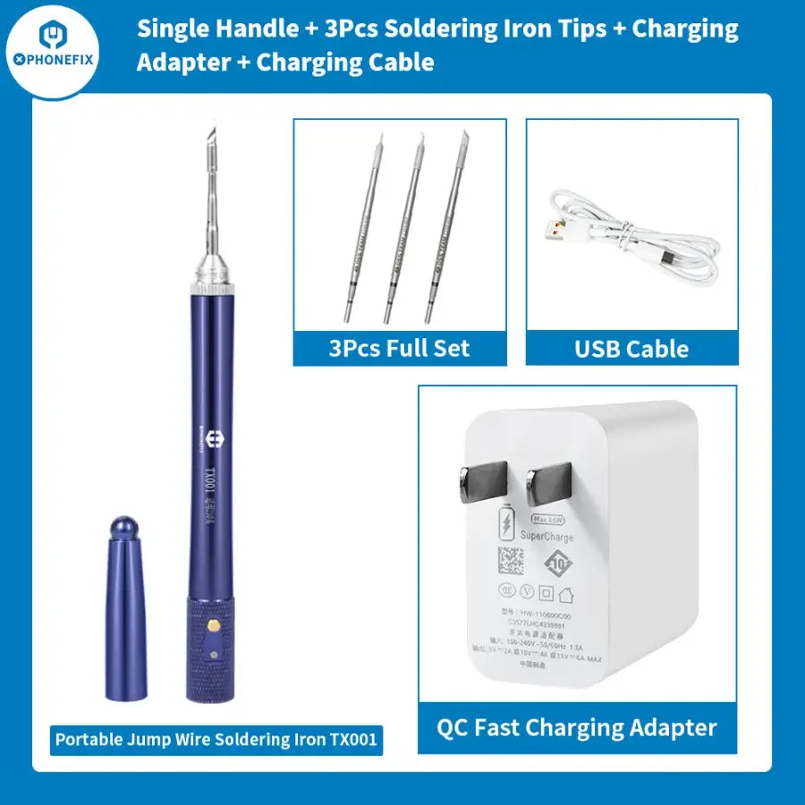 Phonefix TX001 portable jump wire soldering iron with T210 tips, compact welding iron for electronics repair.