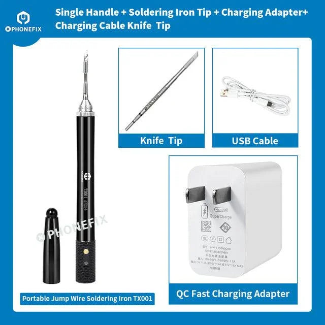 PhoneFix TX001 portable soldering iron with T210 tips, compact design for electronics repair and welding tasks.