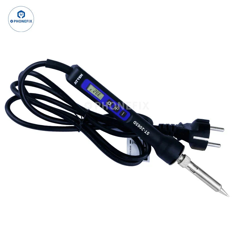 PhoneFix ATTEN ST-2065D and ST-2080D digital electric soldering iron with ergonomic handle and digital temperature display.
