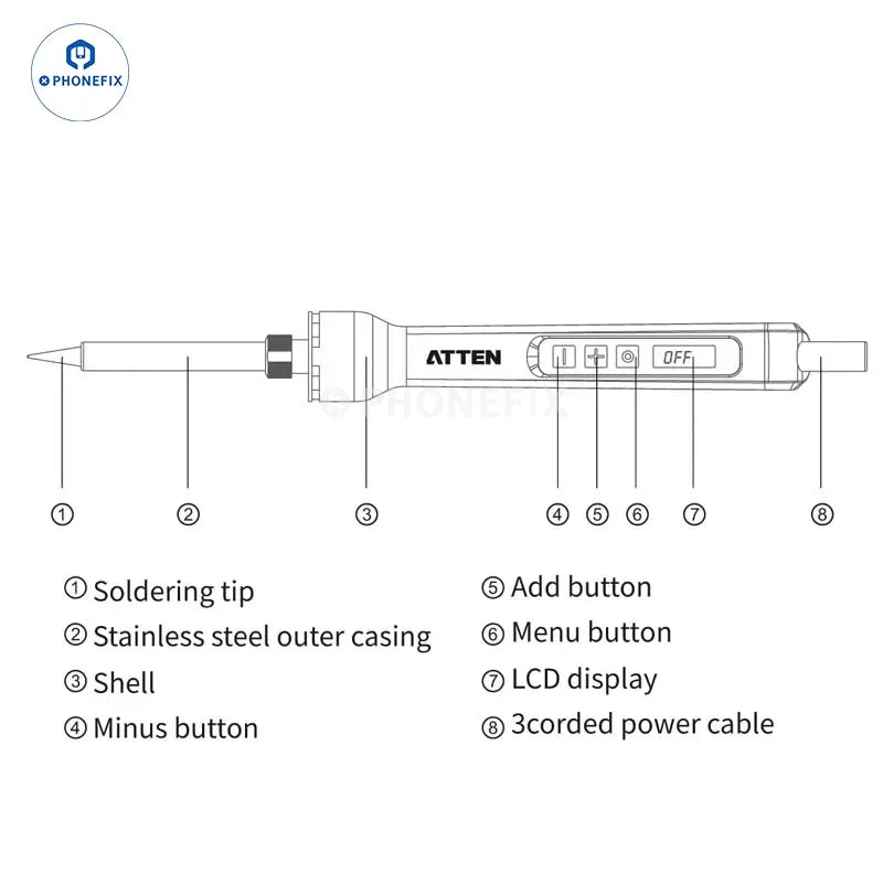 PhoneFix ATTEN ST-2065D, ST-2080D, ST-2150D digital electric soldering iron with ergonomic handle and adjustable temperature controls.