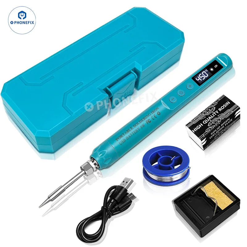PhoneFix portable soldering iron with digital display, smart temperature control, USB power, designed for phone repair.