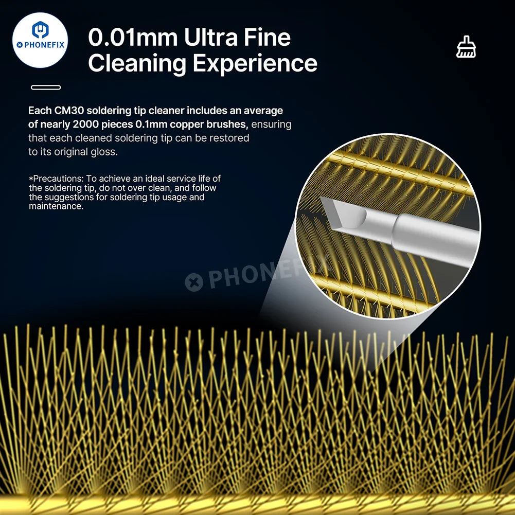 AIXUN CM30 soldering iron tip cleaner with copper brush, designed for PHONEFIX soldering iron tips, for precise maintenance.