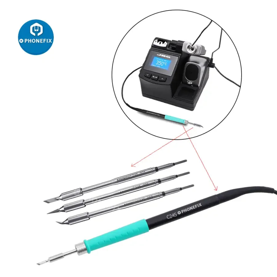 JBC C115 C210 C245 soldering iron tips for JBC I2C soldering station, compatible with PHONEFIX brand, shown on a soldering station.