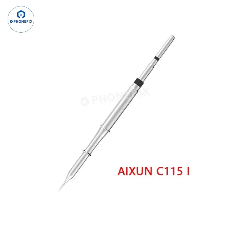 JBC C115 C210 C245 soldering iron tip for JBC I2C soldering station, compatible with PHONEFIX model, shown on a workbench.
