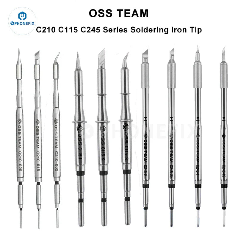 PHONEFIX soldering iron tips for T210, 115, 245 handles, compatible with OSS C210, C245, C115 models, used in electronic soldering.