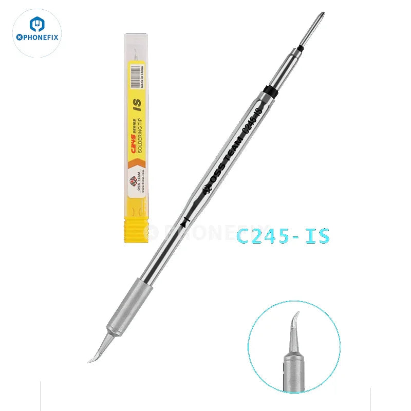 PhoneFix OSS C210 C245 C115 soldering iron tips for T210, T115, and T245 handles, shown in a close-up image.